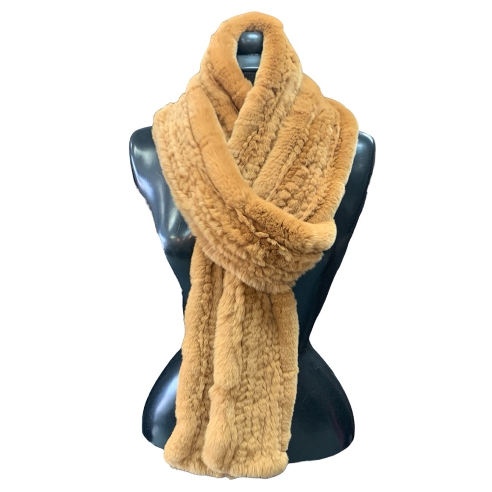 Genuine Fur Woven Rectangle Scarf in Camel Tan